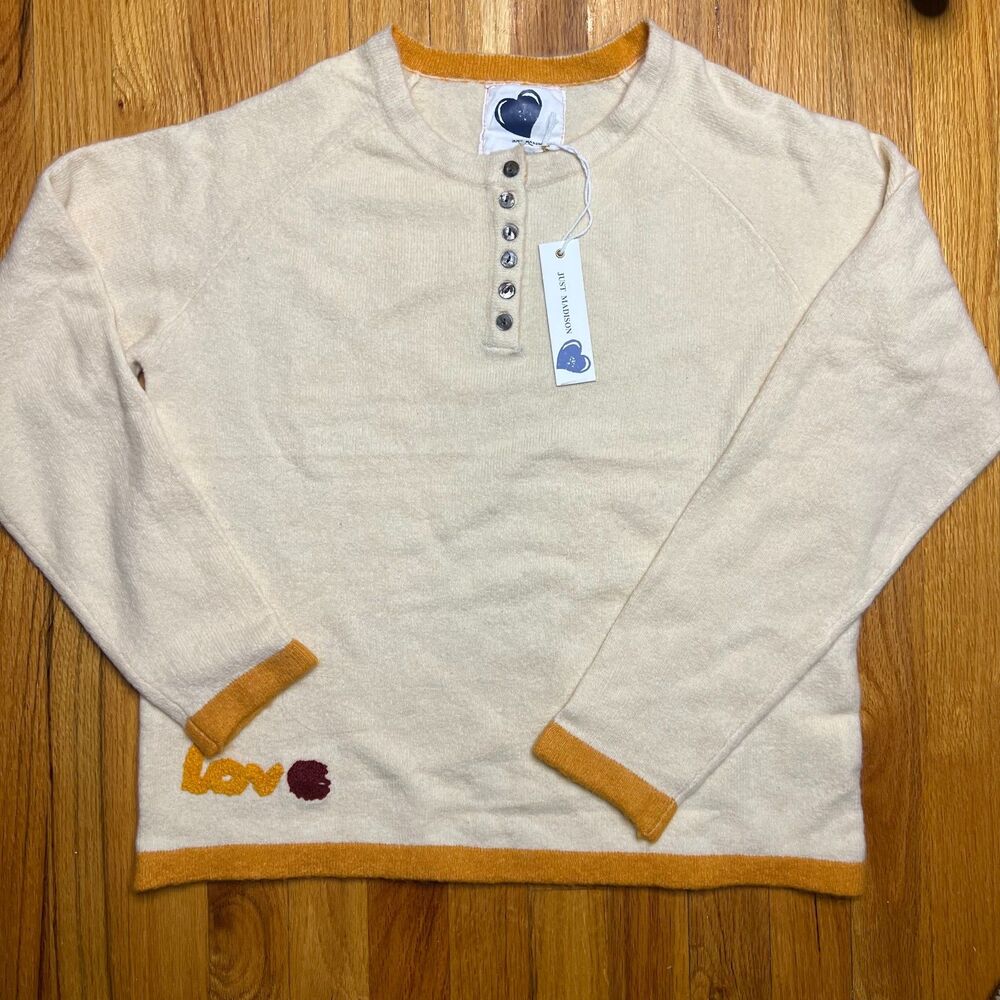 Just Madison NWT Cream Henley Sweater w/ LOVE Embroidery Trim Retail $90
